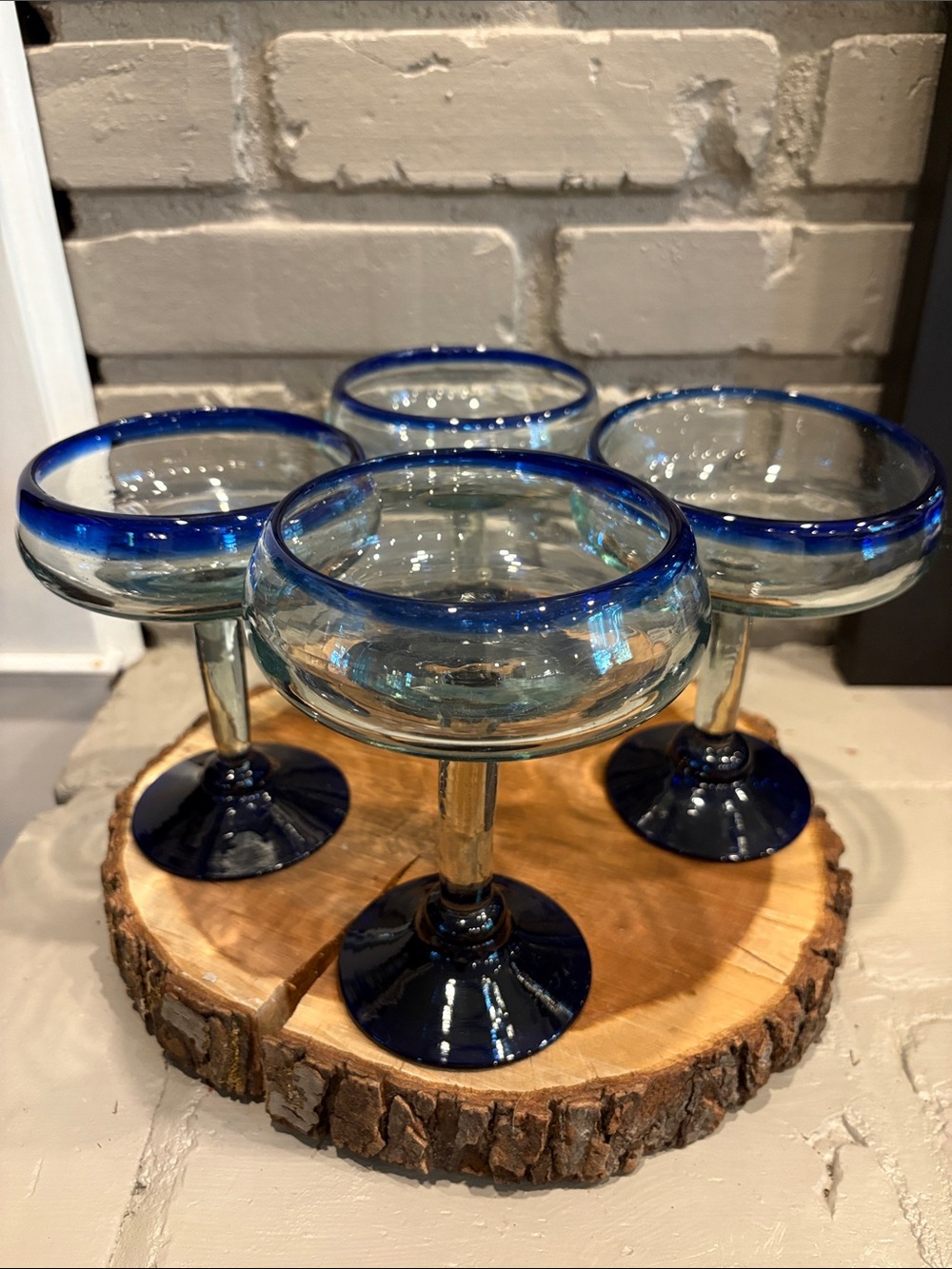 Set of 4 Hand Blown Blue Rimmed Glass Coupes‎ Made in Mexico